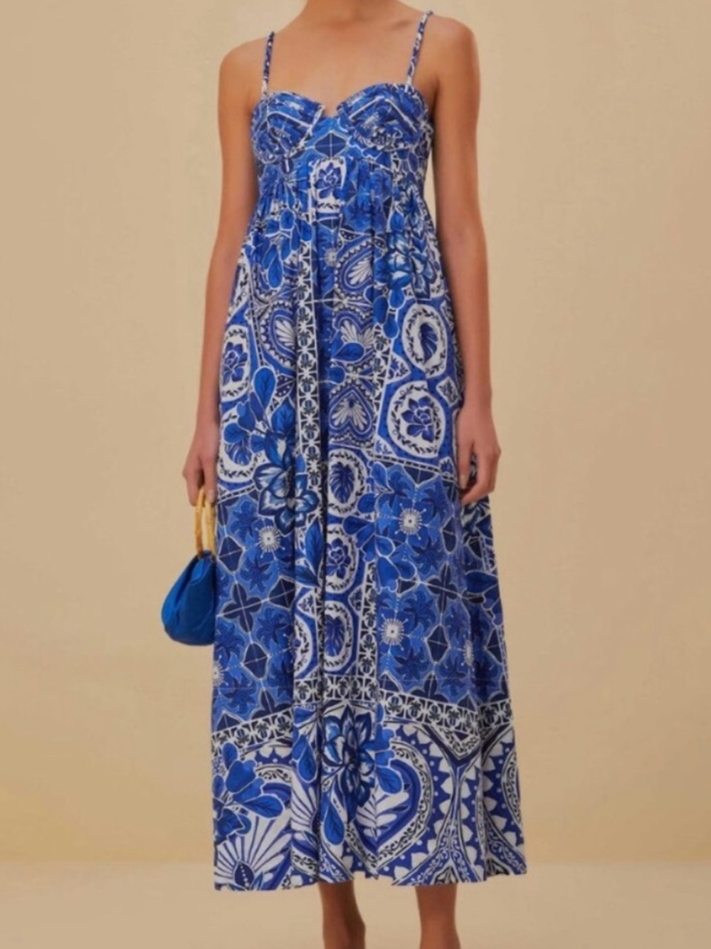 NWT FARM Rio Blue Tile Dream Sleeveless Maxi Dress Large Cotton Boho